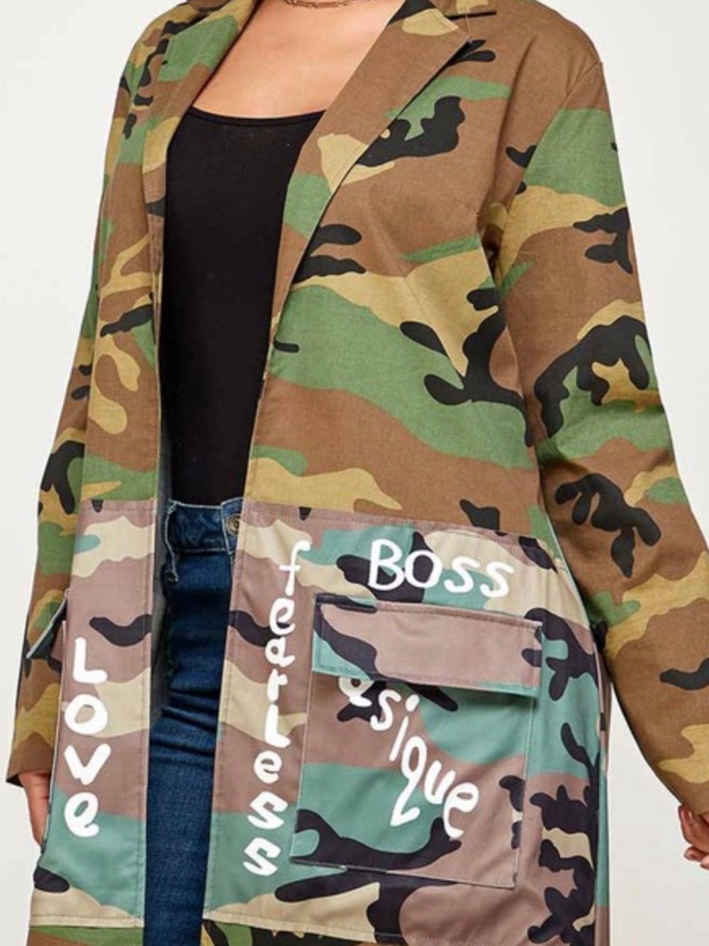 Camo Long Trench Coat with Graphic Pockets - Green Camo 🚨WEEK $18.00 LAST ONE - Picture 3 of 3